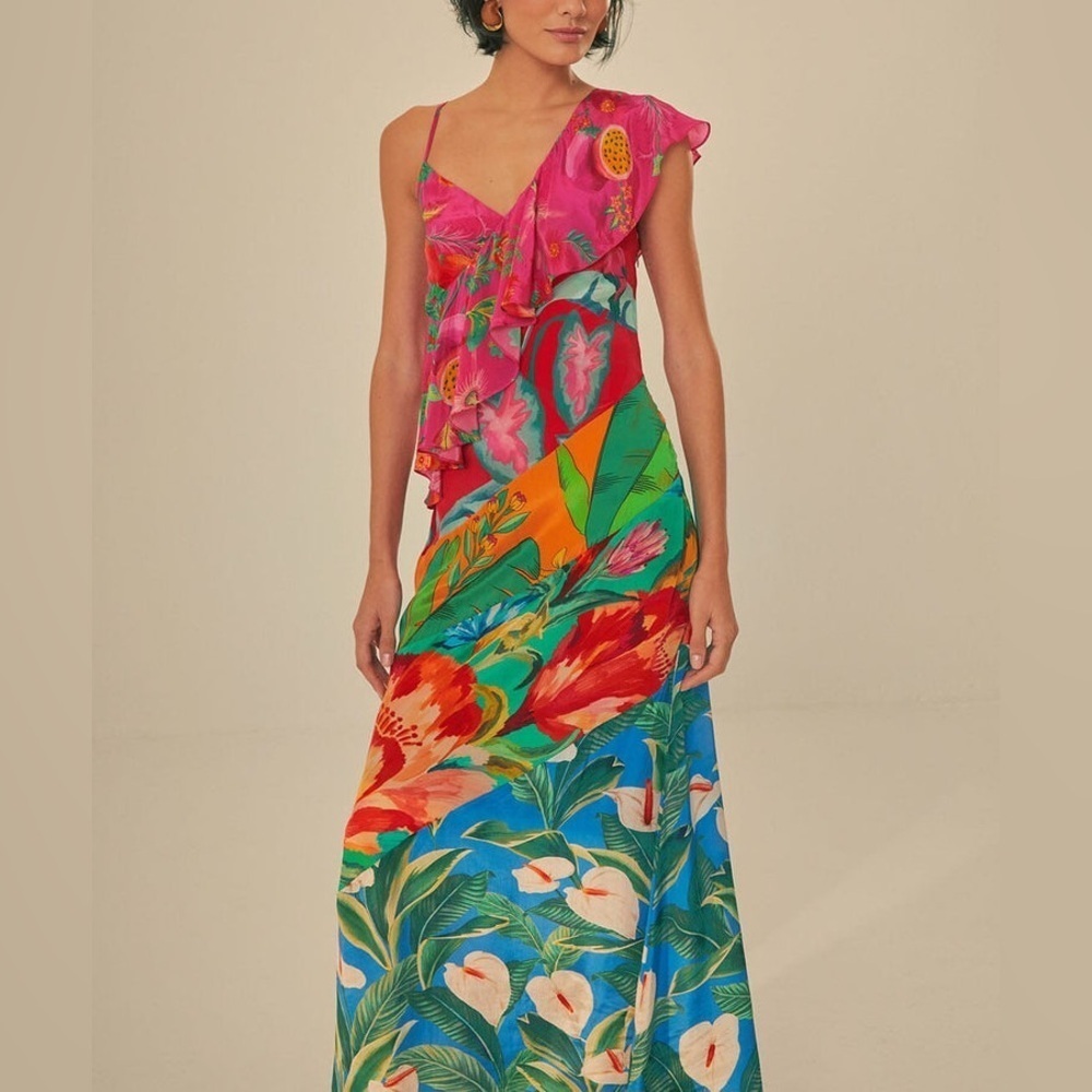 FARM Rio Mixed Flowery Ruffle One Shoulder Midi Dress Size M - Picture 7 of 16